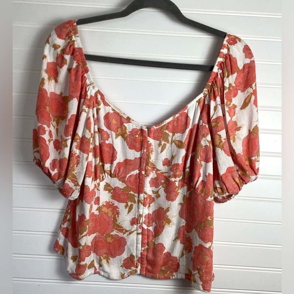 Sienna Sky Short Puff Sleeve square-V Neck Top Blouse Size XL linen Blend